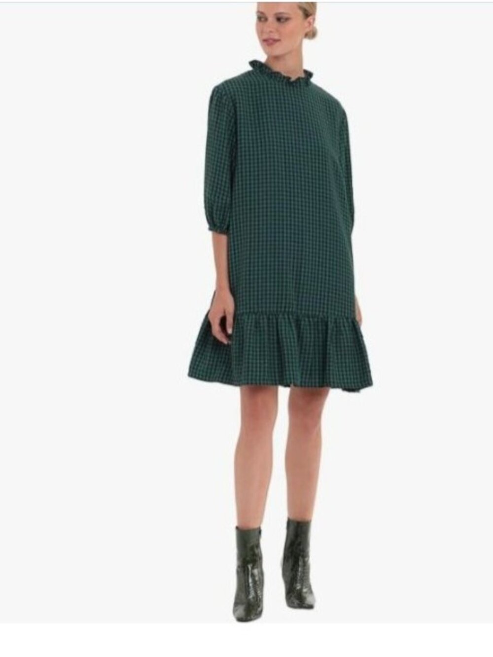 Donna Morgan dress womens size 14  Green Gingham crinkle Ruffle Hem mini new